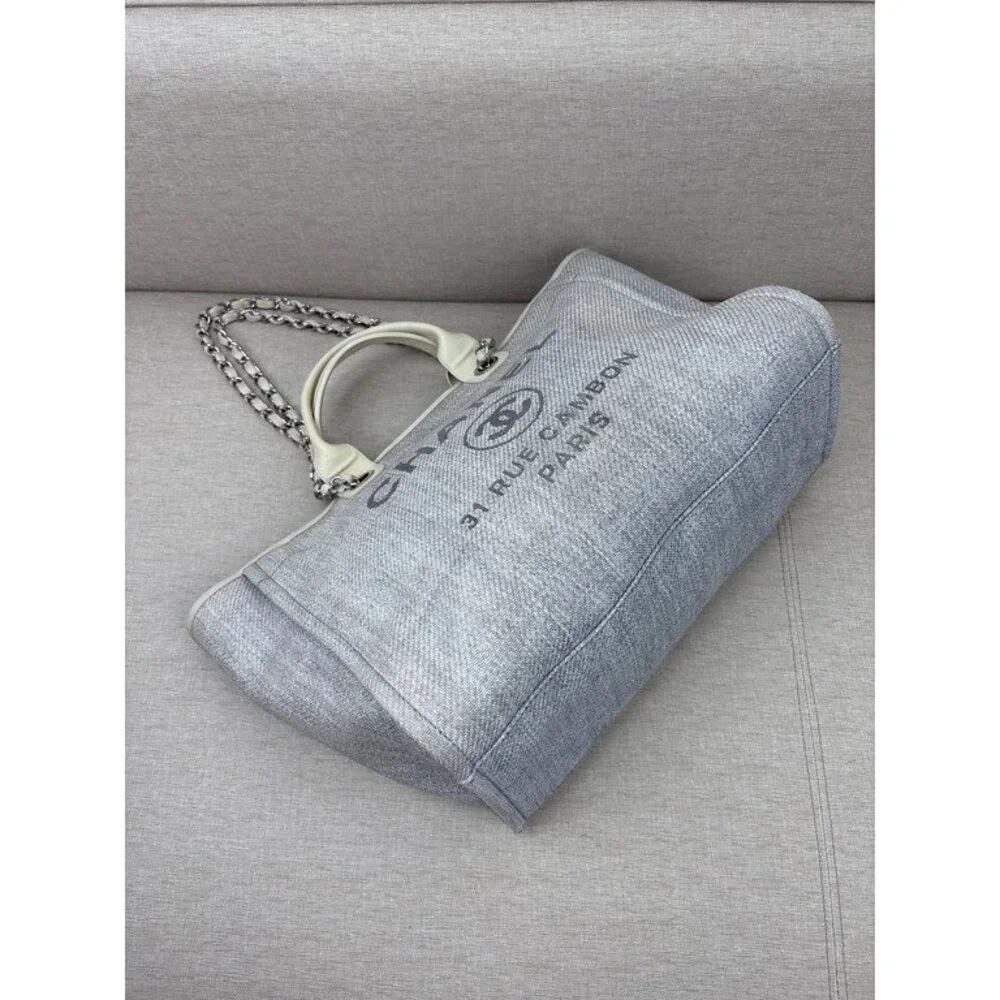CHANEL Grey Raffia Deauville Shopping Bag Medium SHW